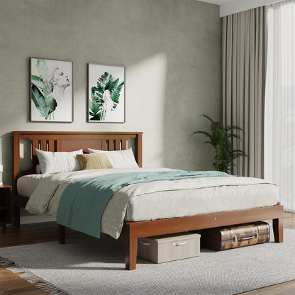 HAPPYMONT Solid Wood Bed Frame, Queen Size Platform Bed Frame with Headboard, Sturdy Wood Slat Support, Heavy Duty Pine Wood Bed Frame for Bedroom, No Box Spring Needed
