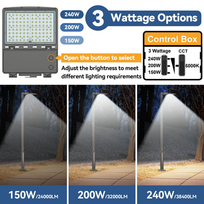 240W LED Parking Lot Light 3Pack: 150/200/240W Selectable, 38400LM 5000K LED Pole Light with Photocell, Slip Fitter Mount LED Shoebox Light for Yard Driveway Stadium Roadways, IP65 100-277VAC, ETL