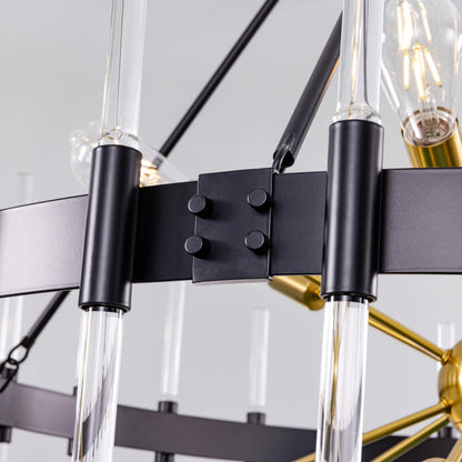 Wellmet Black and Gold Chandelier, Modern Dining Room Chandelier with Glass Rods 45", Farmhouse Wagon Wheel Light Fixtures Ceiling Hanging Pendant Lighting for Living Room, Kitchen, Foyer, Bedroom