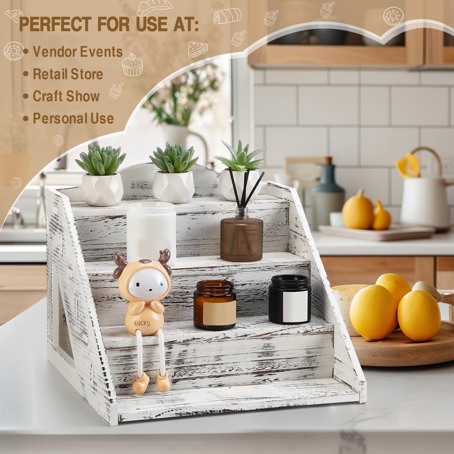 Jetec 4 Tier Wood Cupcake Display Stands Retail Wooden Craft Fair Display Riser Rustic Dessert Holder Rack Soap Stand for Craft Show Baby Shower Cupcakes Candy Wedding Party(Retro White)
