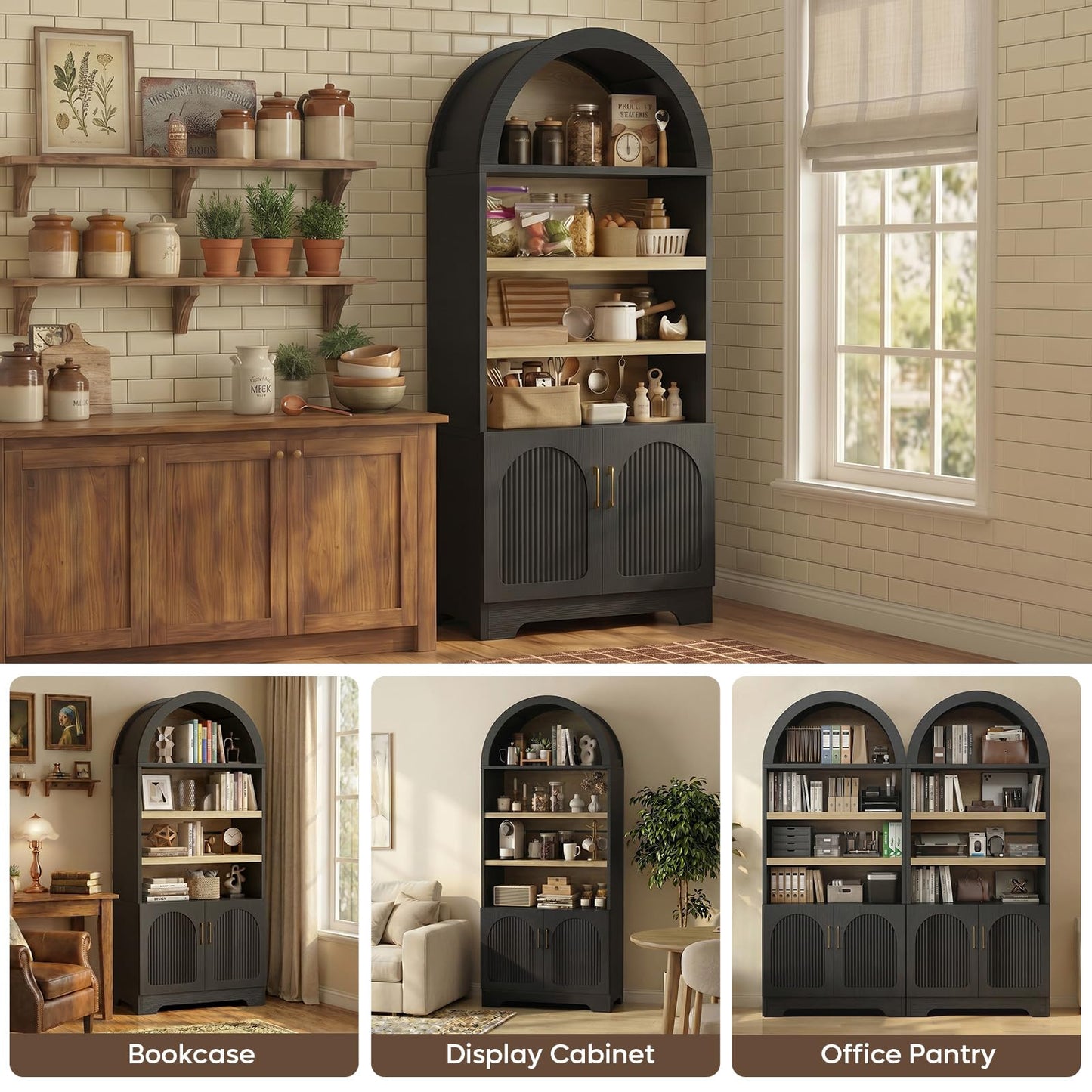 Bestier 71" Tall Arched Kitchen Pantry, Arched Cabinet with Doors, Modern Farmhouse Wood Kitchen Storage Cabinets with 3-Tier Adjustable Shelves for Living Room, Dining Room, Ktichen, Black