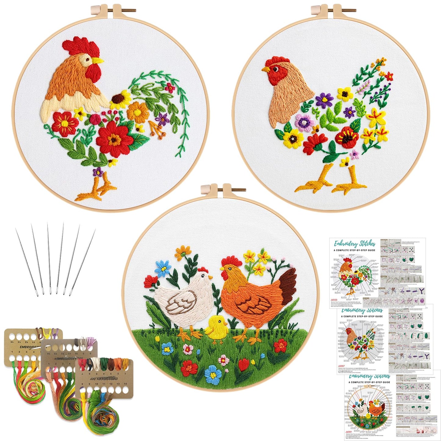 Louise Maelys 3 Sets Chicken Embroidery Kits for Beginners,Cross Stitch Kit for Adults,Art Craft Starters Needlepoint with Rooster,Hen and Farm Lawn Pattern and Tool
