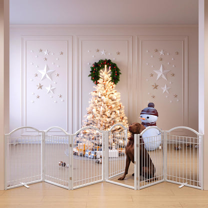 BHG Metal No-Assembly Freestanding Dog Gate with Door Walk Through, Extra Wide 144", Extra Tall 32" Pet Gate, Accordion Puppy Folding Playpen Dog Fence, with 2PCS Support (White, 6 panesl)