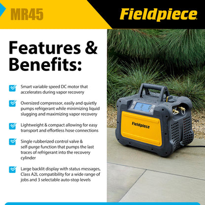 Fieldpiece - MR45 Lightweight Digital Refrigerant Recovery Machine - Wide Operating Voltage with Easy Access Ports - A2L Compatible