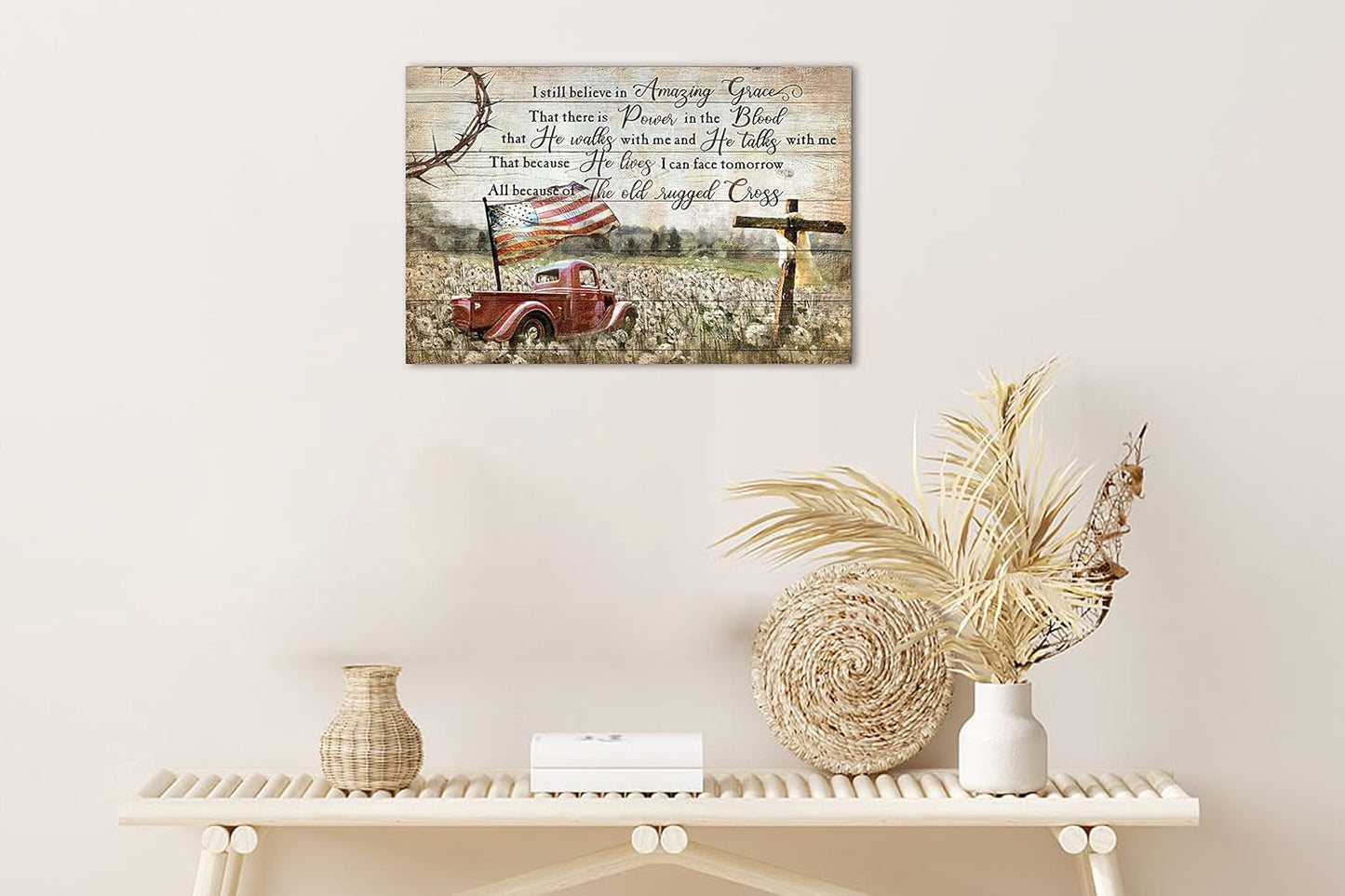 Farmhouse Wall Art, Red Truck Pictures with Inspirational Quotes, Vintage Truck Canvas Prints 12x18 Inch