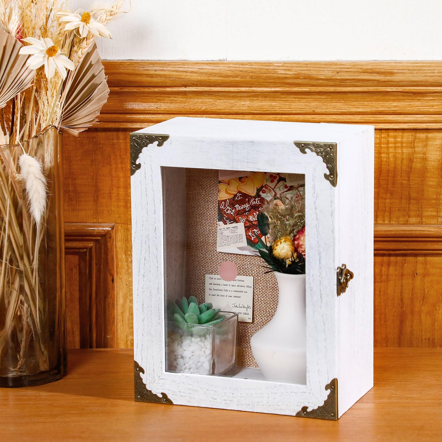 Cinnvoice 8x10 Inch Shadow Box Depth 4.7in Shadow Boxes Display Cases with Cork Board Backing Rustic Burnt Wood Box for Flowers Bouquet Wedding Picture Photo and Keepsake(White)