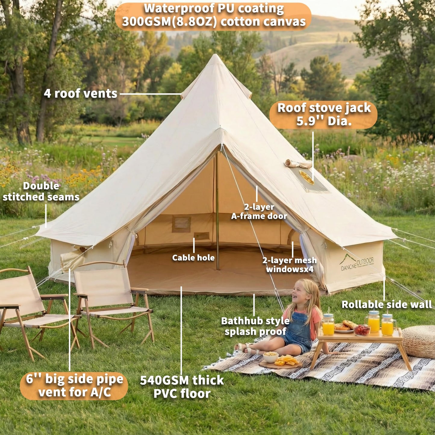 DANCHEL OUTDOOR B5PRO 4 Season Canvas Tent with Stove Jack Camping, Waterproof Bell Tent with AC Port Yurt All Year Living, Luxury Glamping for 4 Person Hunting Party, 13ft/4m