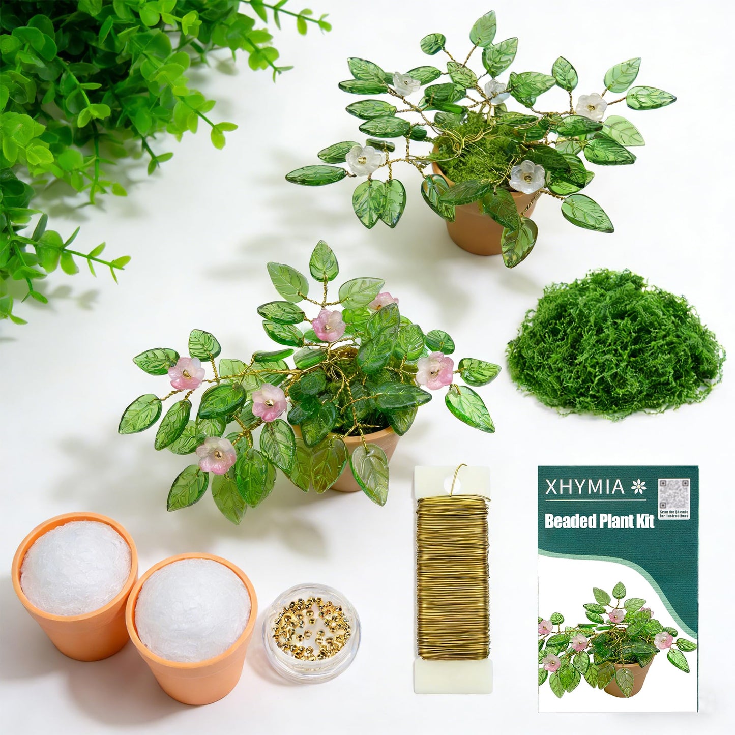 XHYMIA Beaded Plant Kit Green Glass Leaf Beads, Flower Glass Beads Mini Forever Plant Making and DIY Crafts with Video Tutorials