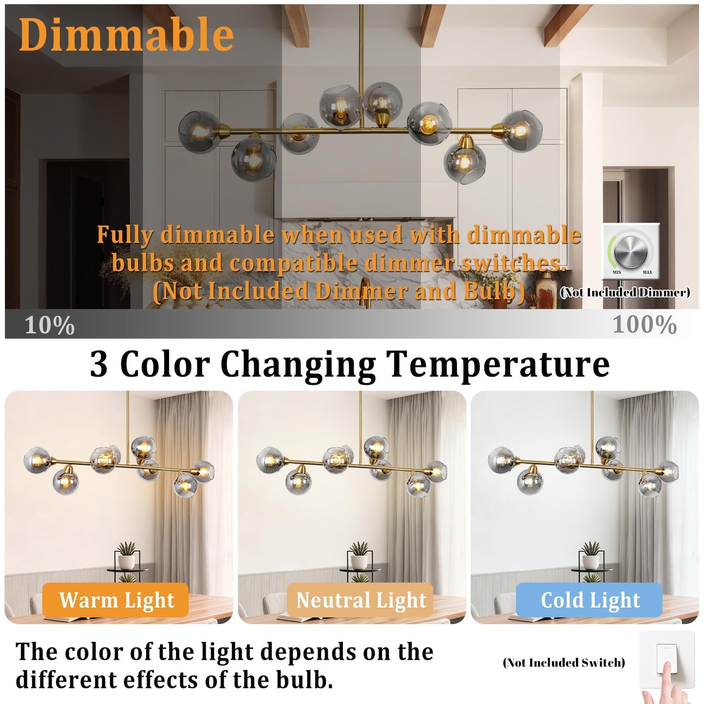 Lzawvm Linear Chandeliers for Dining Room 8-Lights Sputnik Pendant Lights Kitchen Island Mid Century Modern Smoky Glass Chandelier 50 Inch Farmhouse Dining Light