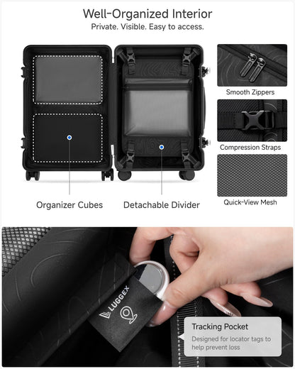 LUGGEX 21 Inch Zipperless Carry On Luggage - HUP Pro Front Opening Compartment Suitcase with Spinner Wheels, 38L Capacity, TSA Locks, Airline Approved for Business Travel(ZX-Pro, Black)