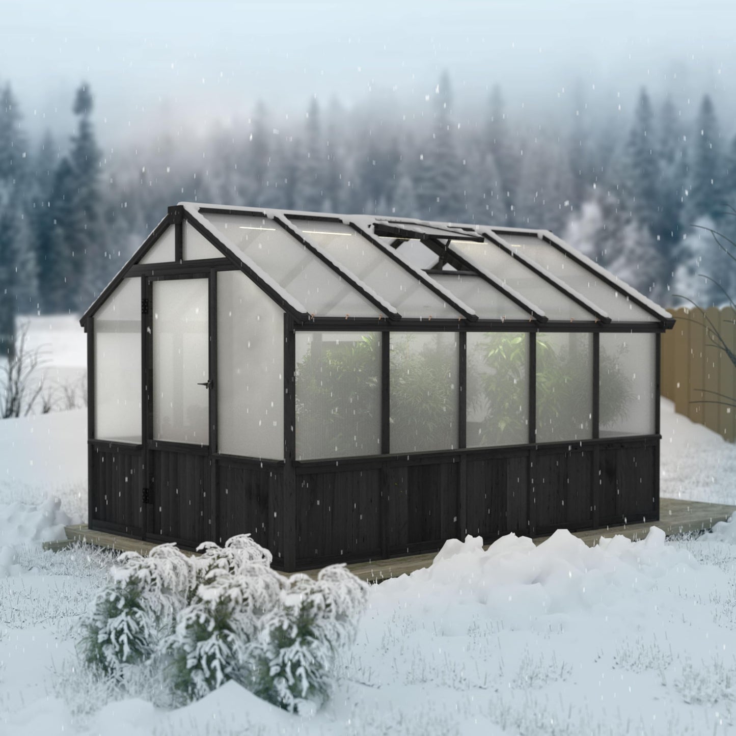 Yardenaler 8x10 FT Greenhouse Kit with 6MM Thick Polycarbonate Panel for Outdoor, Wooden Walk-in Green House with Adjustable Roof Vent and Lockable Door, Backyard, Garden, Black