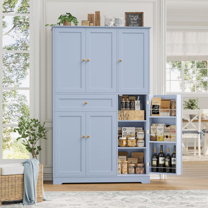 HOSTACK 68" Tall Kitchen Pantry Storage Cabinet, Modern Kitchen Hutch Cabinet with Doors and Shelves, Freestanding Food Pantry with Large Storage Drawer for Dining Room, Living Room, Light Blue