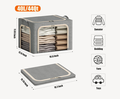 Skiennix Foldable Clothes Storage Bins - Durable Metal Frame with Clear Window | 3 Pack, Light Grey, 40L