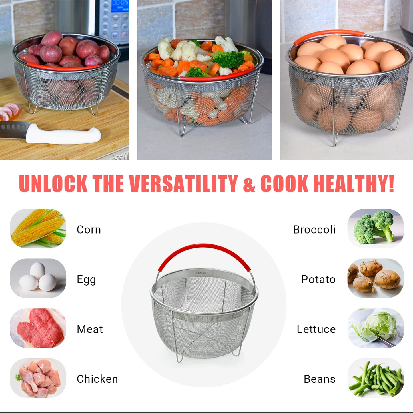Original Salbree Steamer Basket for 8 qt quart Instant Pot Accessories, Stainless Steel Strainer and Insert fits IP Insta Pots, Instapot, Other Pressure Cookers, with Silicone Handle [3qt 6qt avail]