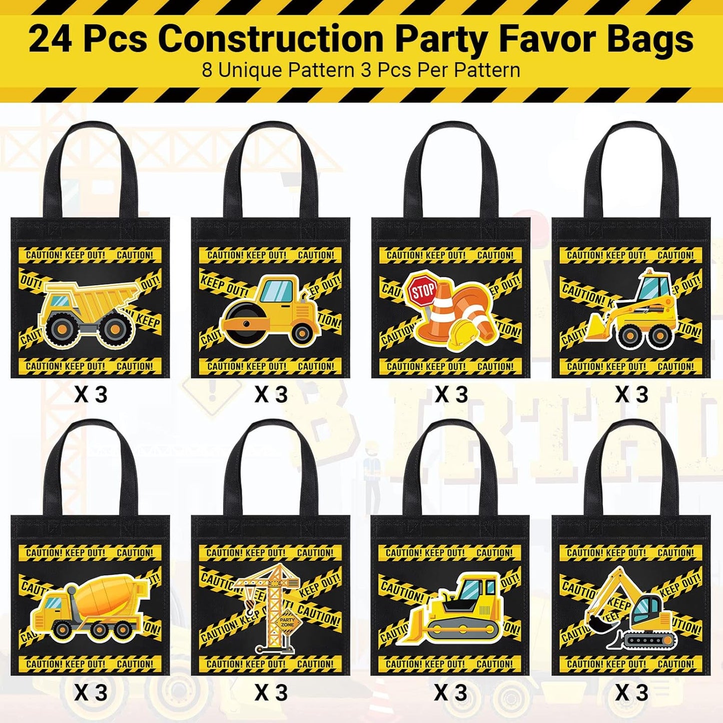 Photect 24 Pieces Construction Party Favors Bags, Non Woven Tote Bags for Birthday Party Supplies, Truck Treat Bags