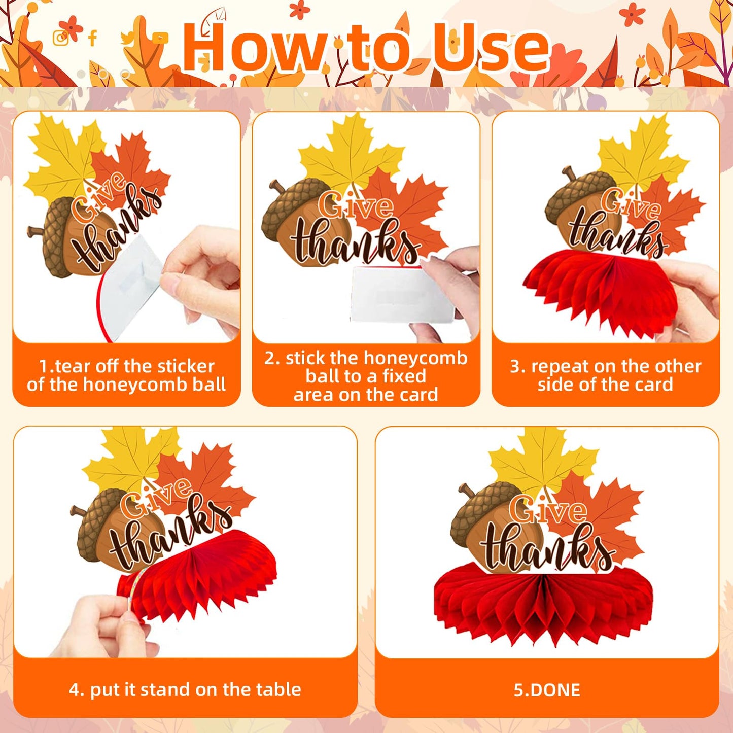 9 Pieces Thanksgiving Honeycomb Centerpieces Table Decor, Turkey Pumpkin Cornucopia Harvest Fall Party Table Topper Ornaments Signs, Fun Autumn Holiday Decorations