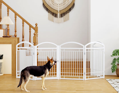 THKKY Folding No-Assembly Metal Freestanding Dog Gate with Door Walk Through,32" Height Pet Fence,144" Extra Wide Accordion Puppy Folding Playpen for Doorways,House,Stairs (6 Panels,White)