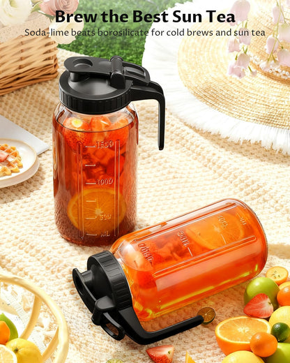 64 oz Mason Jar Pitcher – Airtight & Leakproof Glass Pitcher with Lid, Perfect for Iced Tae, Sun Tea, Cold Brew, Breastmilk, 2 Quart (1/2 Gallon) Mason Jar with Pour Spout Lid Flip-Cap & Handle
