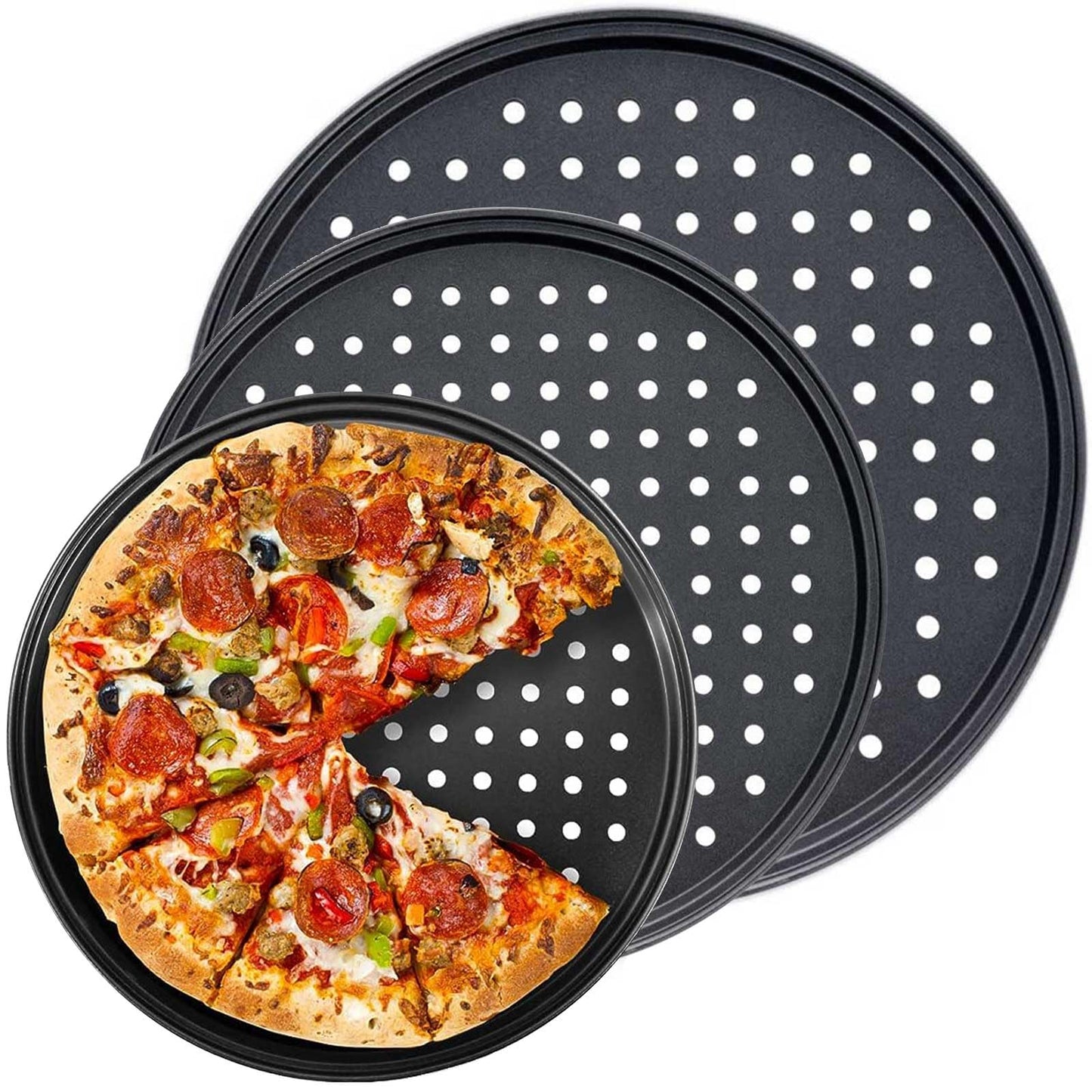 Handook Pizza Pan Set, Carbon Steel Pizza Pan with Holes, for Oven Baking Supplies & Home, Kitchen, Restaurant（9 Inch &10 Inch &12 Inch）
