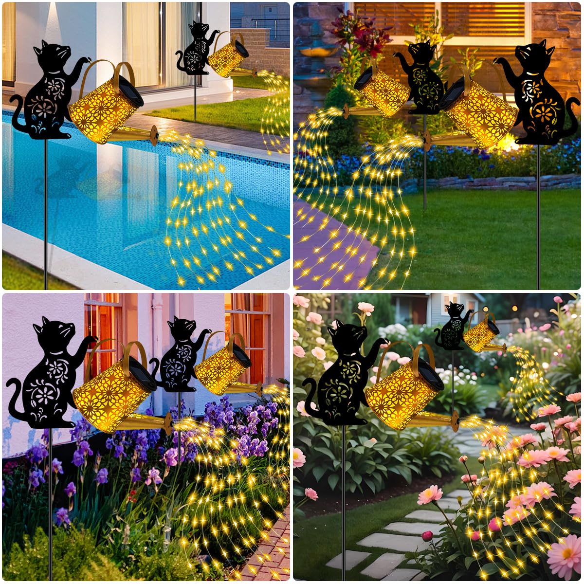 ostritec Solar Lights Outdoor Decorative, Watering Can with Cascading Lights, with Cat Silhouette Garden Stakes, Waterproof Metal Garden Decor for Yard Art, Outside, Patio, Lawn Ornaments