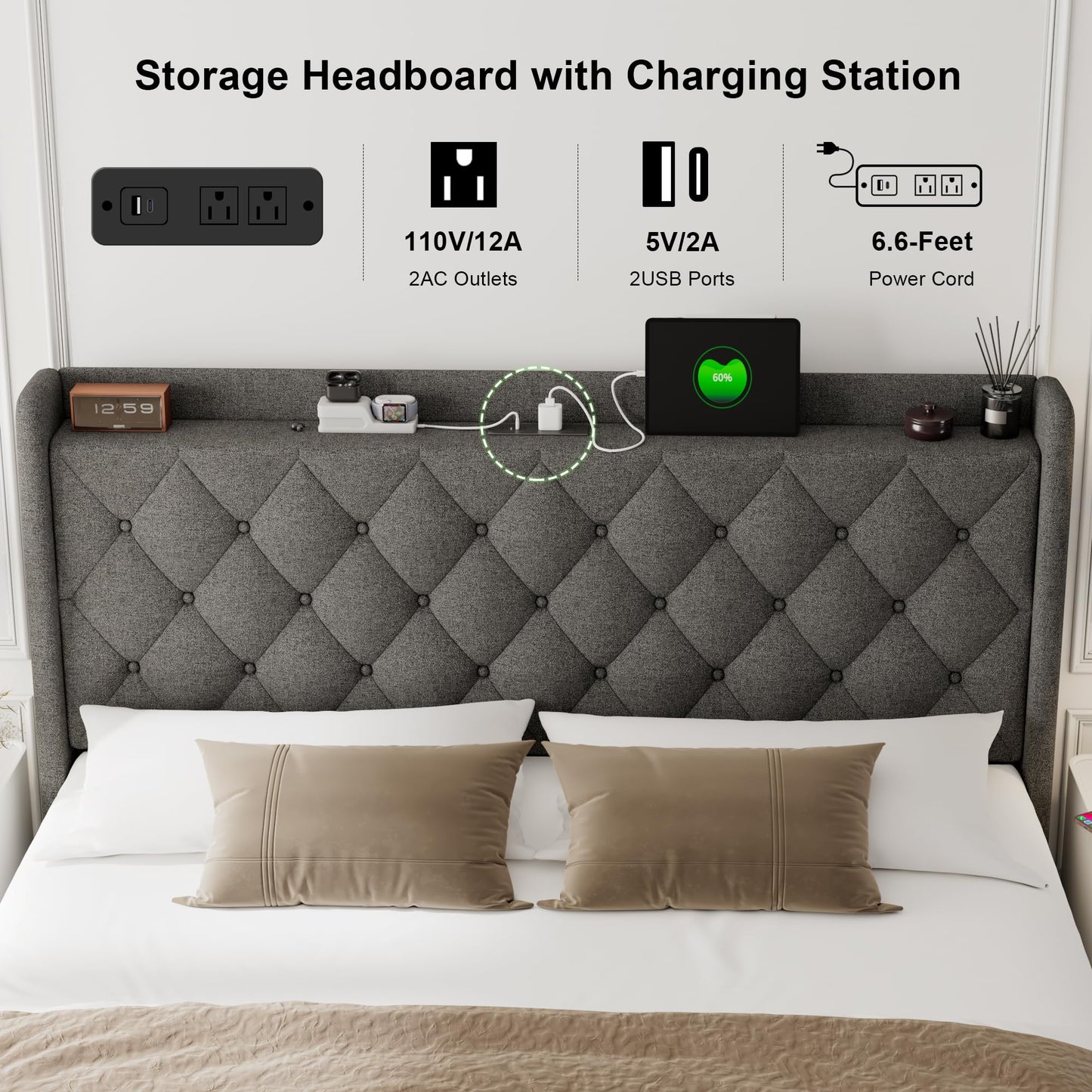 Feonase Queen Bed Frame with Storage & Charging Station - Hydraulic Lift Up Platform Bed, Upholstered Button Tufted Headboard, Sturdy Wooden Slats, Noise-Free, No Box Spring Needed, Dark Gray