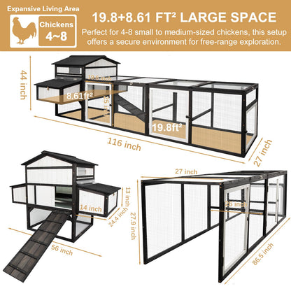 PetsCosset 116" L Large Chicken Coop and Run, Hen House with 4 Nesting Box Boxes, Rabbit Hutch Poultry Bunny Cage for 4-6 Chickens with 4 Perches, Removable Tray and Ramp and UV-Resistant Roof Panel