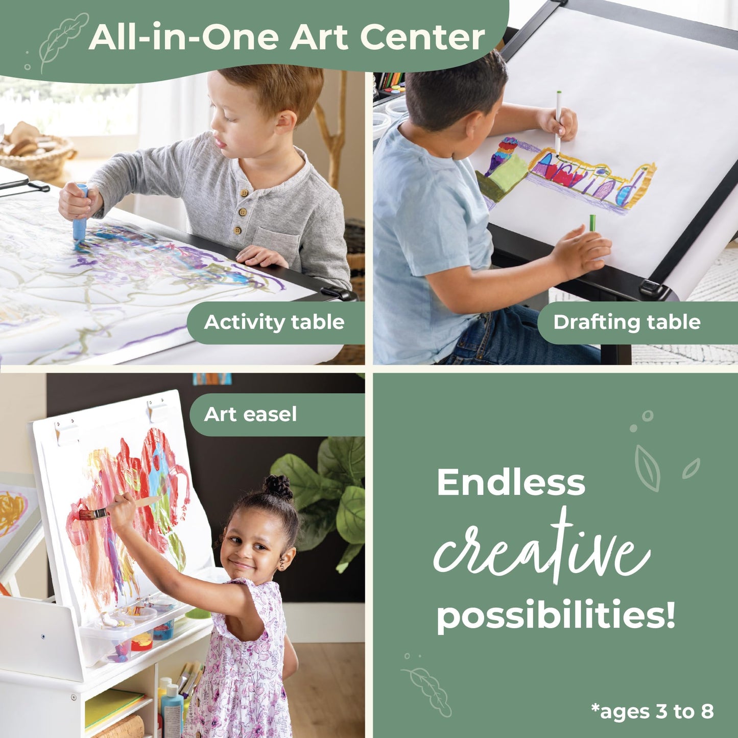 Guidecraft Design Studio – Black: 3-in-1 Kids Art Table & Stool Set, Writing, Crafting, Painting & Drafting Table for Kids with Craft Storage & Bins, Art Easel with Paper Roll, Toddler Activity Desk