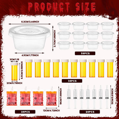 120 2 oz Uiifan Pcs Halloween Party Supplies Blood Bags for Juices Jelly Syringes Cups with Lids Pill Candy Bottles