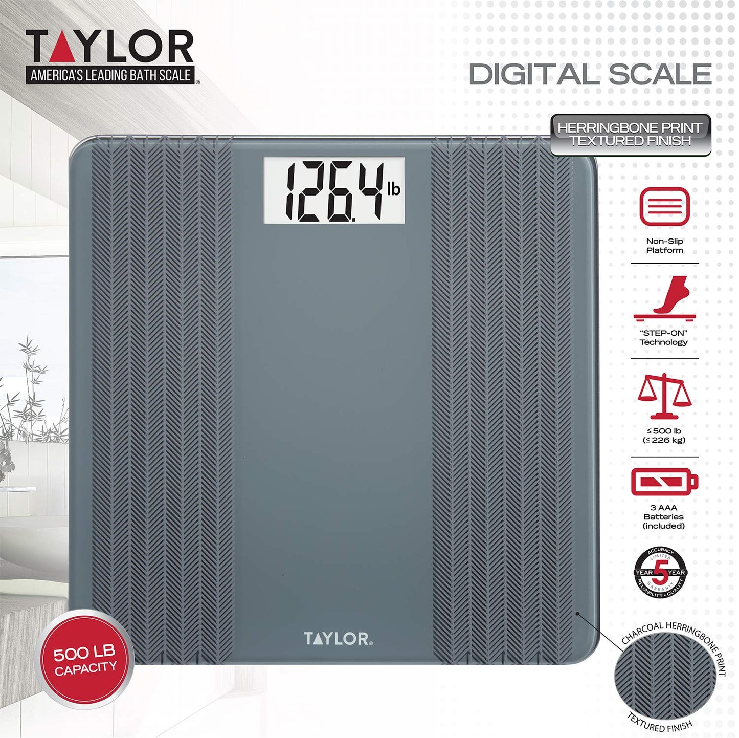 Taylor Glass Textured Paint Herringbone Design Digital Bathroom Scale, Gray, 5273274