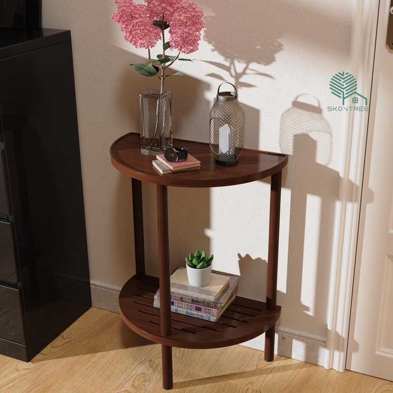 Skovtree End Table, Half Moon Side Tables, Living Room Half Round 2 Tier Tables, NightStand for Small Space in Living Room Bedroom, Couch Tables with Storage Shelf, Boho Side Table (Brown)