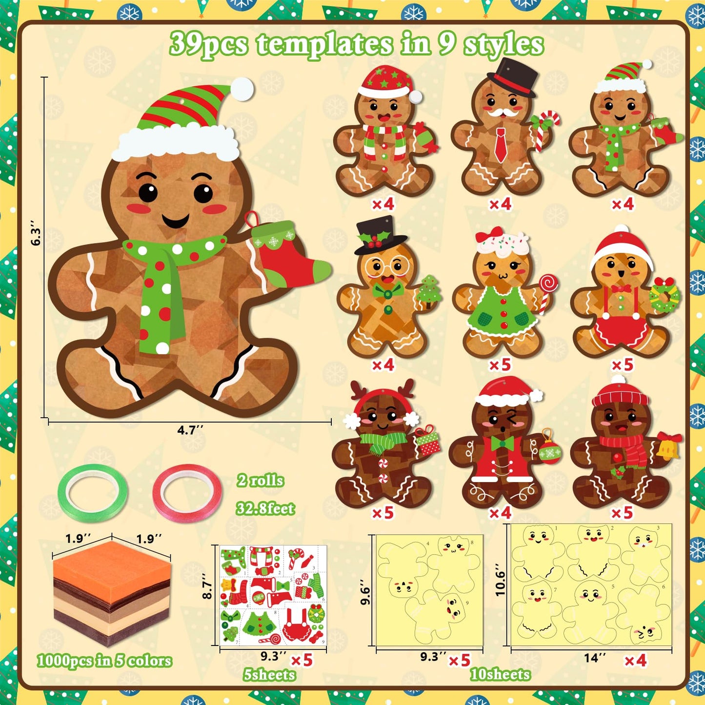 Renbuzhu 39PCS Christmas Crafts Bulk: Gingerbread Men Paper Suncatchers DIY Kit for Winter Xmas Holiday Activities Decorations, Window Stained Glass Effect Art Ornaments