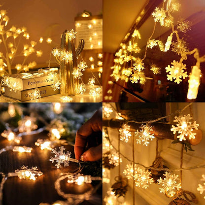 Christmas Snowflake String Lights, 20 FT 40 LED Warm White Battery Operated Fairy Lights with Remote Timer for Indoor
