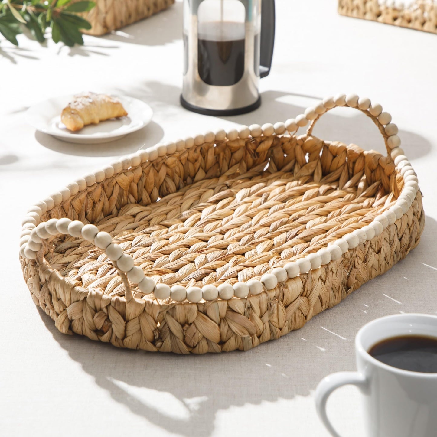 Gibson Home Riverrun Grove 17" Woven Decorative Serving Tray – Large Natural Water Hyacinth Basket w/Wood-Bead Trim & Handles for Coffee Table Décor, Ottomans, Centerpieces & Kitchen Counter Display