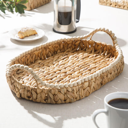 Gibson Home Riverrun Grove 17" Woven Decorative Serving Tray – Large Natural Water Hyacinth Basket w/Wood-Bead Trim & Handles for Coffee Table Décor, Ottomans, Centerpieces & Kitchen Counter Display