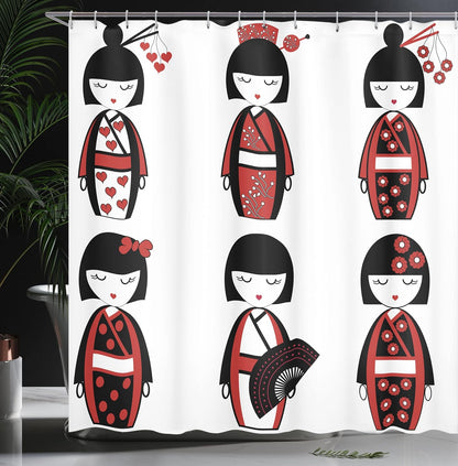 Ambesonne Ethnic Shower Curtain, Unique Geisha Dolls in Folkloric Costumes, Bathroom Decor Set, 69" W x 70" L