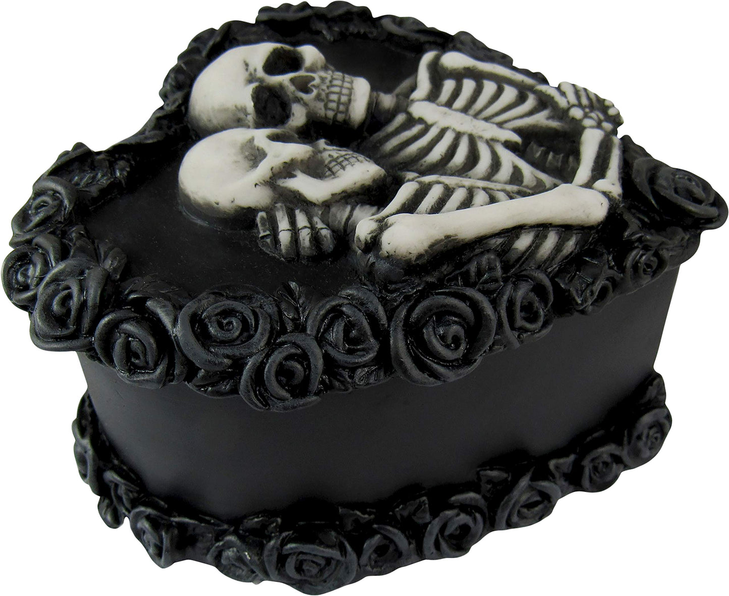 DWK - To Have & To Hold - Beautiful Gothic Skeleton Lovers Embracing on Black Rose Wreath Keepsake Jewelry Trinket Stash Box with Red Interior Romantic Goth Valentine's Day Home Decor Accent, 5-inch