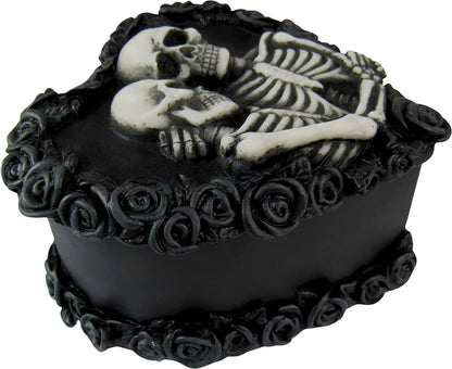 DWK - To Have & To Hold - Beautiful Gothic Skeleton Lovers Embracing on Black Rose Wreath Keepsake Jewelry Trinket Stash Box with Red Interior Romantic Goth Valentine's Day Home Decor Accent, 5-inch