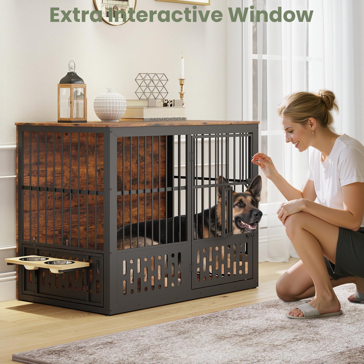 Yafylly 48 Inch XXL Dog Crate Furniture, Wooden Chewproof Dog Kennel with Interactive Window, 360° Adjustable Bowls (5 Heights), Storage Table Top, Heavy Duty XL Dog Crate for Medium Large Dogs, Brown