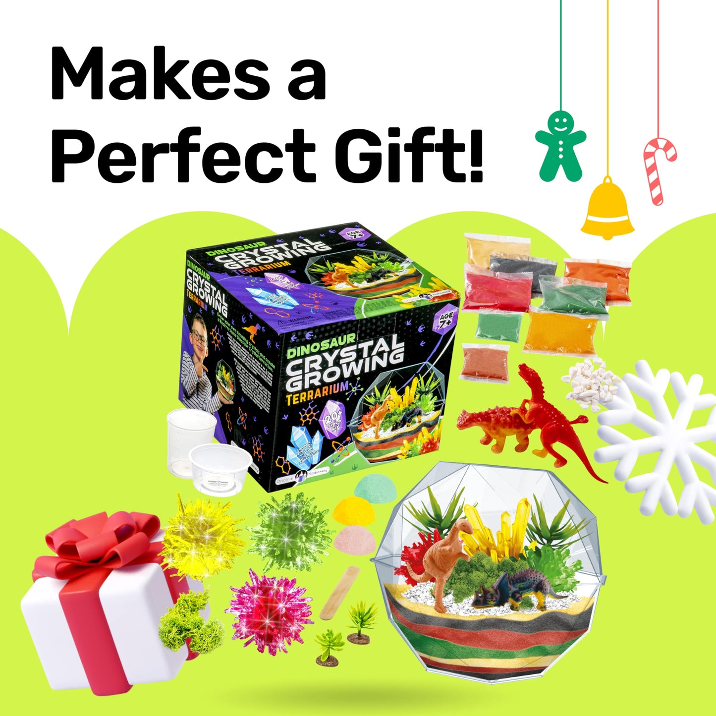 Original Stationery Dinosaur Crystal Growing Kit - Multicolor, 17-Piece, Ages 7 & Up - DIY Science Terrarium Kit with Moss & Dino Figures - Grow Your Own Crystals - Boys Birthday Gifts