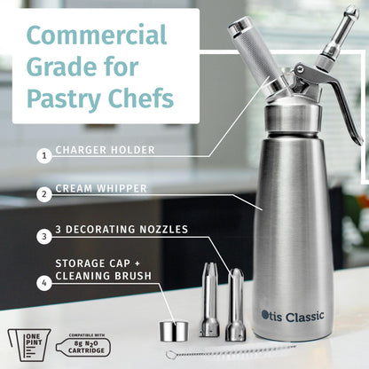 Otis Classic 304 Stainless Steel Whipped Cream Dispenser, 500ml w/ 3 Decorating Nozzles - Commercial Grade Quality Made of Food Grade Stainless Steel - Easy to Use and Clean Ideal for Desserts for Home Chef
