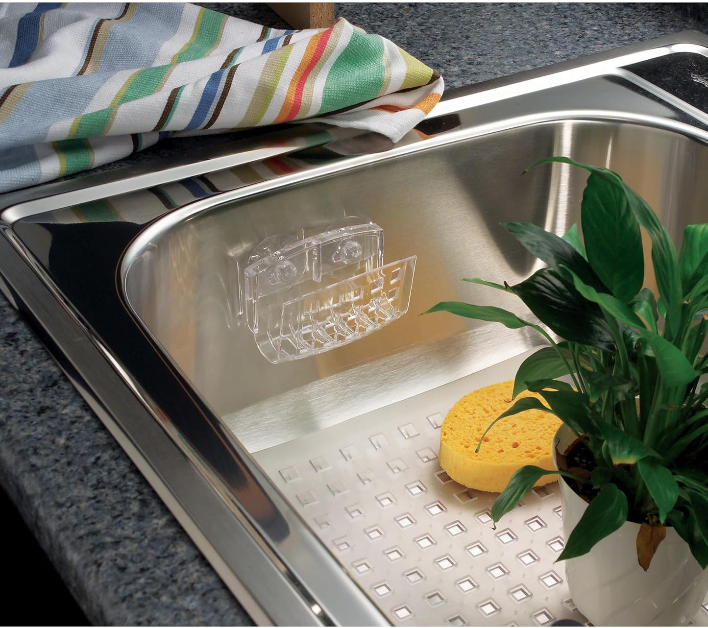 2.3" 5.2" 3.7", iDesign BPA-Free Plastic Sponge Holder for Kitchen Sink with Suction Cups, Ideal for Kitchen Sinks