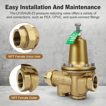LF25AUB-Z3 1" Cast Copper Silicon Alloy Pressure Reducing Valve, Adjustable 25-75 psi, Maximum 300 psi, NPT Female Union x NPT Female Outlet, Polymer Seat