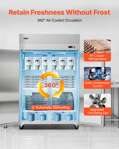 VEVOR Commercial Reach-In Freezer 48" W, 33 Cu.Ft Stainless Steel Upright Freezer with Double Glass Doors, Auto-Defrost, 6 Adjustable Shelves, -11 to 14℉ Temp Control, UL Certified