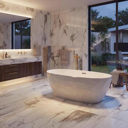 Freestanding Bathtub 59", Diamond Shape Acrylic Tub with Chrome Overflow & Pop-Up Drain, Modern White Soaking Tub for Bathroom