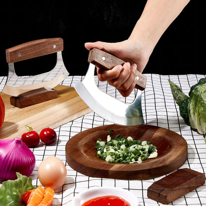 Sunnychicc 2 Pcs Mezzaluna Ulu Knife and Cutting Board Set Rocker Chopper Slicer Cutter with Stand Cutting Board Mezzaluna Chopper Alaskan Ulu Knife Kit for Onion Vegetable Mincing Tool(Walnut Wood)