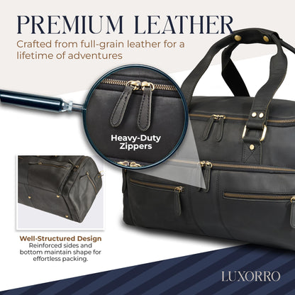 Luxorro Full Grain Leather Duffle Bag for Men | TSA Approved 22x14x9 Carry On Luggage | 22 Inch, 45L Capacity | Overnight Weekender & Travel Duffel | Black