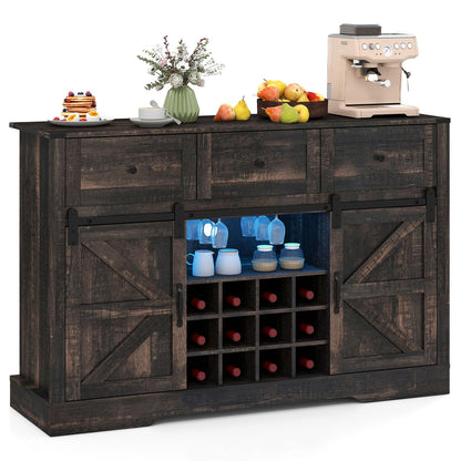 Giantex Wine Bar Cabinet with LED Lights, 52" Buffet Sideboard w/Sliding Barn Door, 3 Drawer, Adjustable Shelf, 12 Bottle Wine Rack & Glass Holder, Farmhouse Coffee Station for Living Room