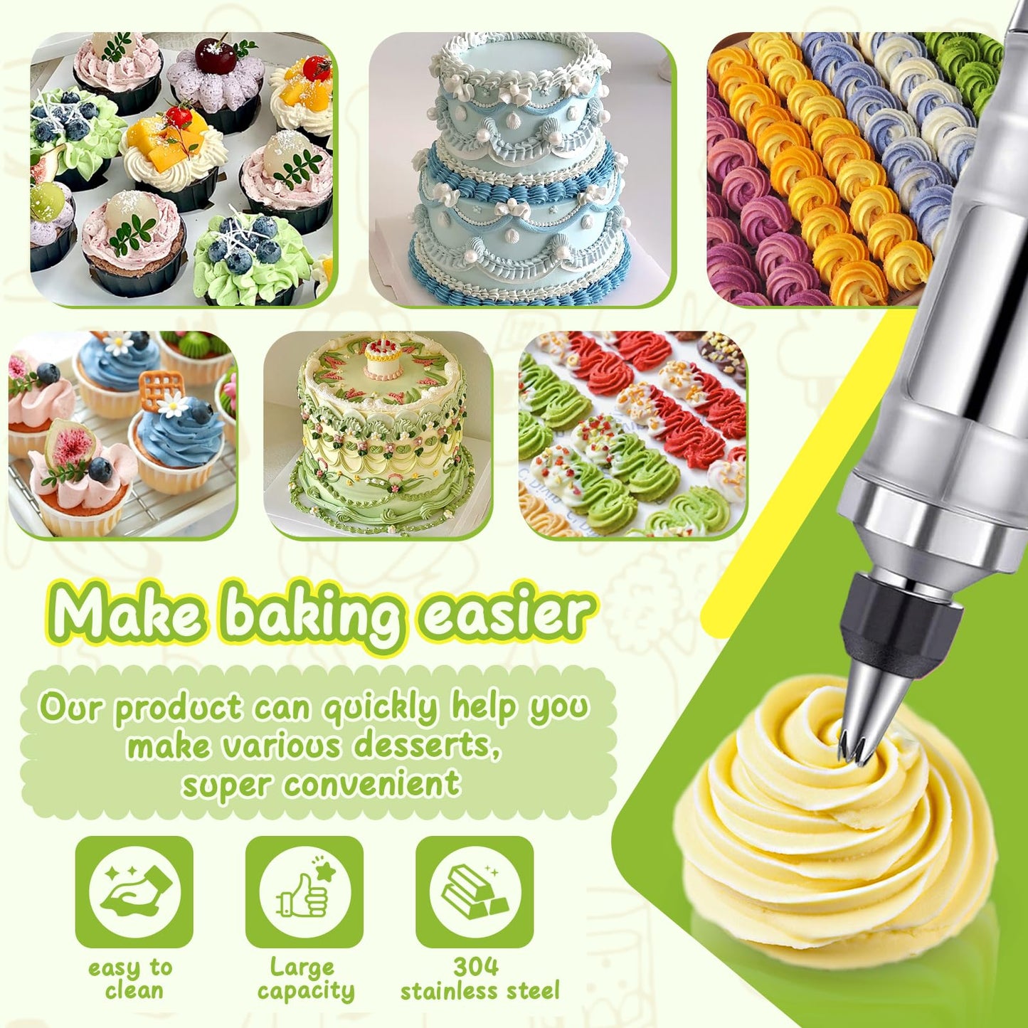 NOVANO Dessert Decorating Syringe Set, Frosting Piping Kit Stainless Steels Cake Decorating Kit with 54 Piping Tips & 9 silicone cupcakes, Cupcake Decorating Kit Piping Bags and Tips Set (Black)