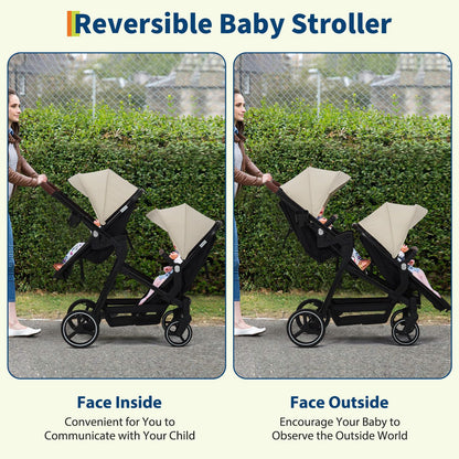 Tandem Double Stroller for Twins, Foldable Baby Stroller for Newborns 0-6 Months, Reversible Adjustable Seats, Shock-Absorbing Swivel Wheels & One-Step Brake, Storage Basket & Sun Canopy, Beige