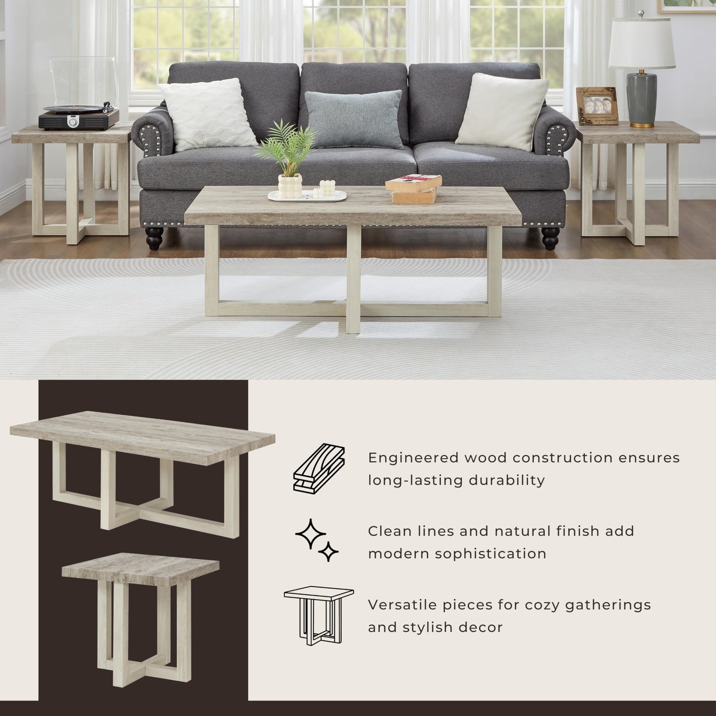 Roundhill Furniture Luno 3-Piece Coffee Table Set, Coffee Table and Two End Tables, Weathered Gray and Beige